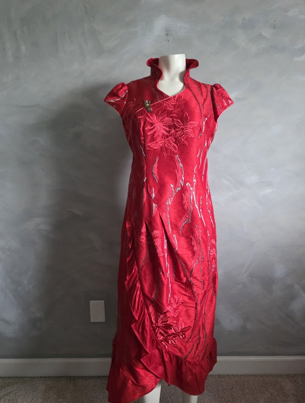 Red Cheongsam Gown High Mandarin Collar Floral Embroidery Aysmmetrical Hem Sz 13